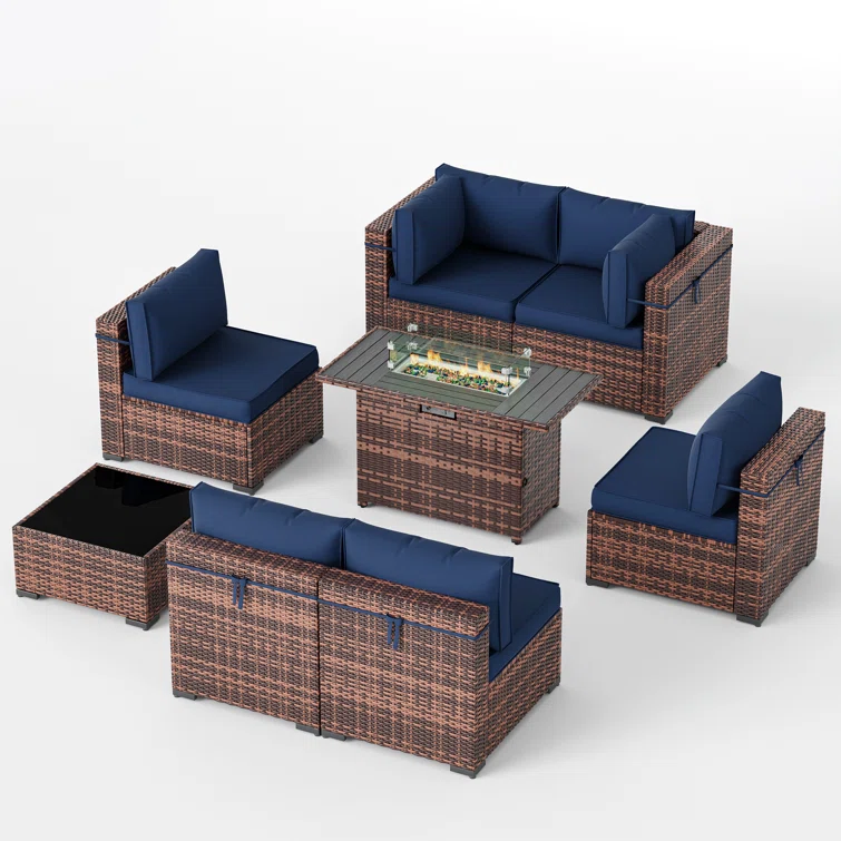 Romanas 8 Piece Patio Conversation Sets With Fire Pit Table
