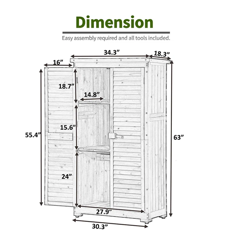 3-Tier Shelves Patio Wooden Garden Shed, Outdoor Storage Cabinet, Tool Shed with Lockable Doors