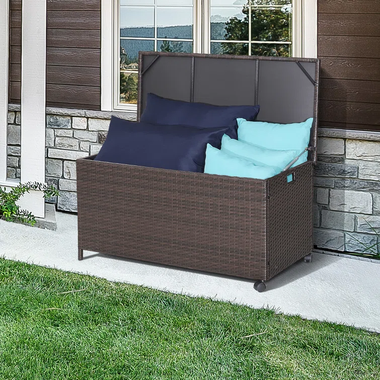 Gymax 40'' W 50 Gallons Water Resistant Wicker Deck Box with Wheels in Mix Brown