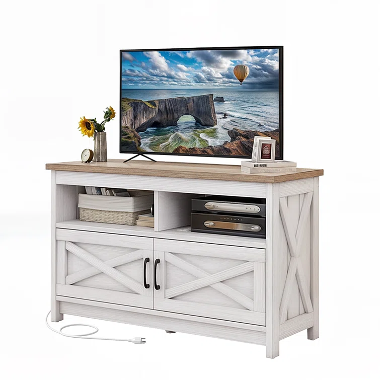 Small Entertainment Center Farmhouse TV Stand Cabinet Media Console Table W/Power Outlets Storage Cabinets