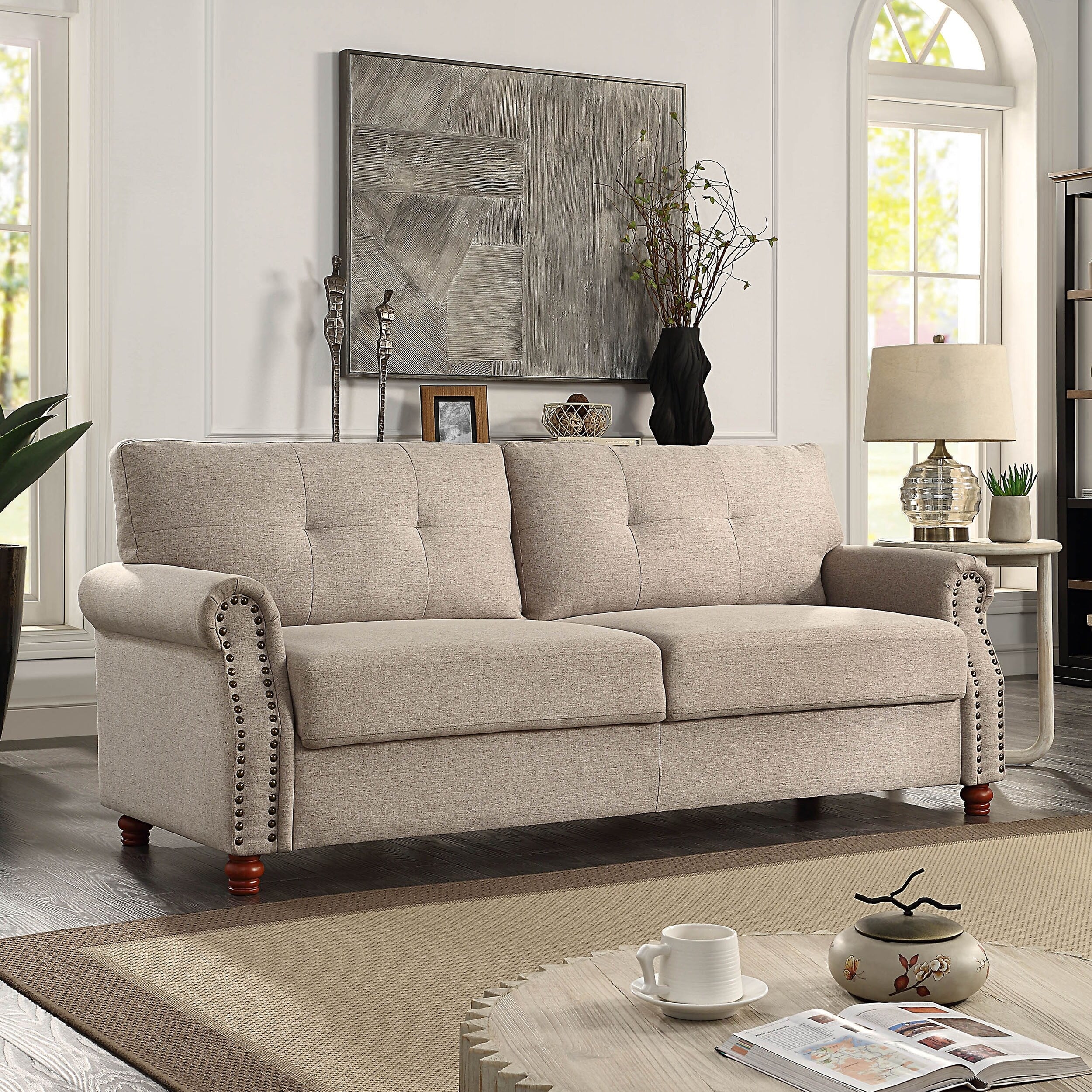 Beige Linen Fabric Upholstery Sofa with Storage - 32.28 x 79.53 x 33.47