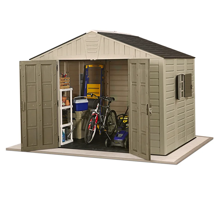 Keter Stronghold 10x8 ft. Durable Resin Outdoor Storage Shed With Floor and Double Doors for Garden Patio Furniture and Tools, Brown