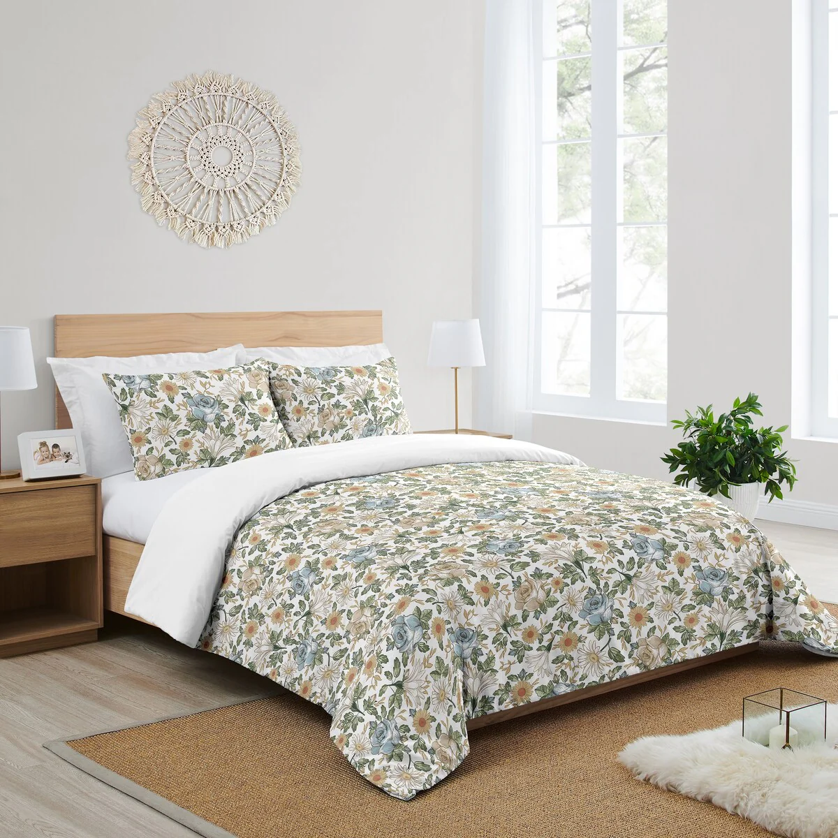 Vintage Floral Blue Yellow Girl 3pc Full/Queen Comforter Set Green Gold Orange Taupe White Shabby Chic Rose Flower Boho Bohemian