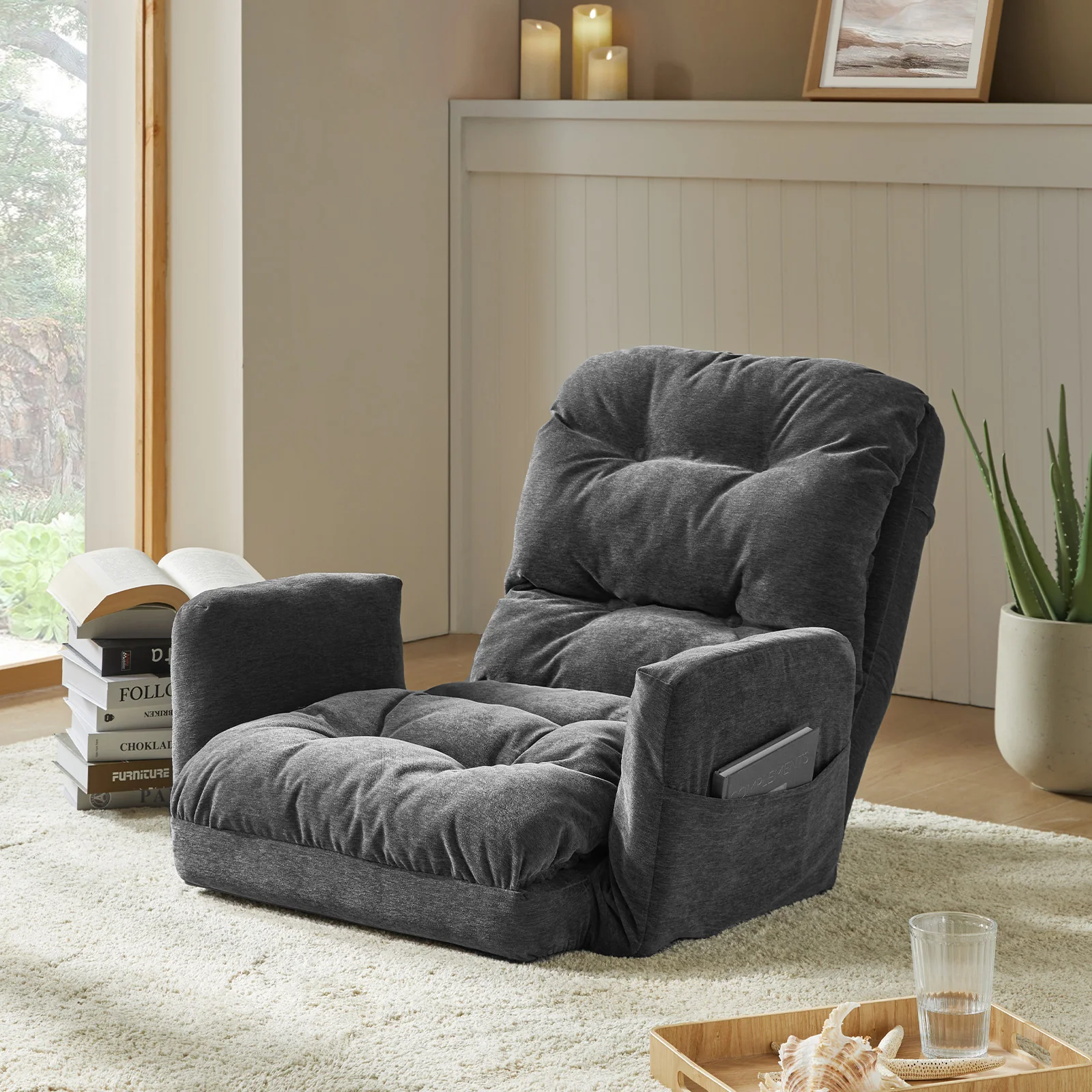 Faustus Reclining Floor Chair with Storage Armrest
