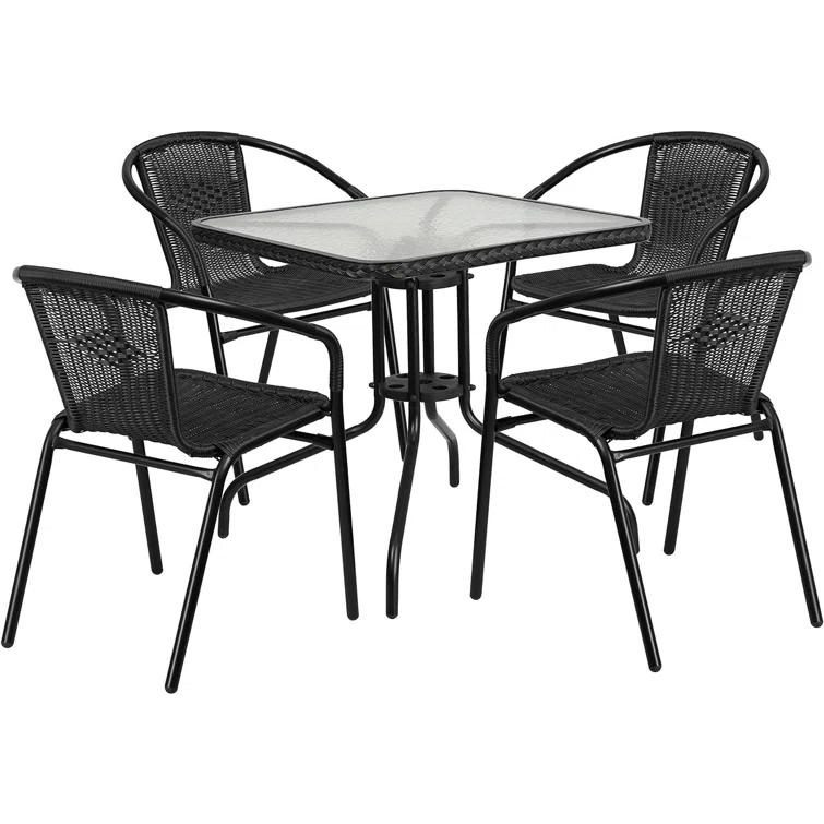 Amlie 28'' Square Glass Metal Table with Rattan Edging and 4 Rattan Stack Chairs