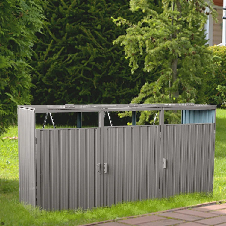 7.8' W Outdoor Trash Can Storage, Storage Shed For 3 Trash Cans Tools, Waterproof Garbage Bin Shed