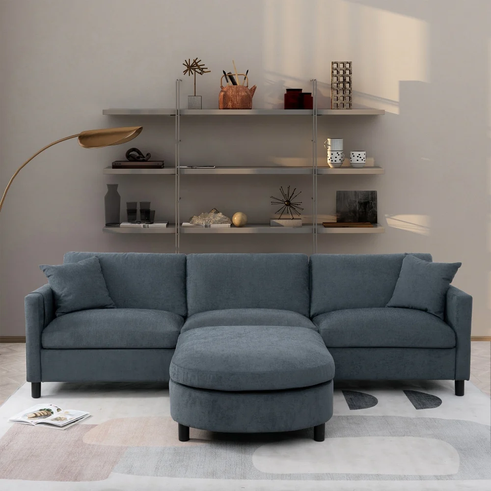Elegance Couch 3 Seater Foam Sofa Set w Throw Pillows and Ottoman for Living Room