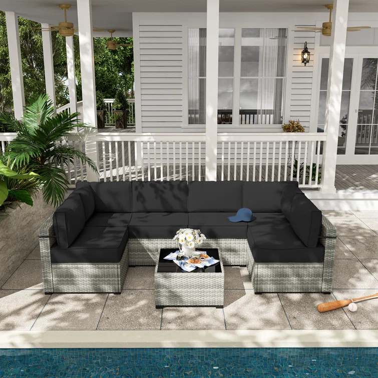 7 Piece Rattan Sectional Seating Group With 5-inch Thicker Cushions