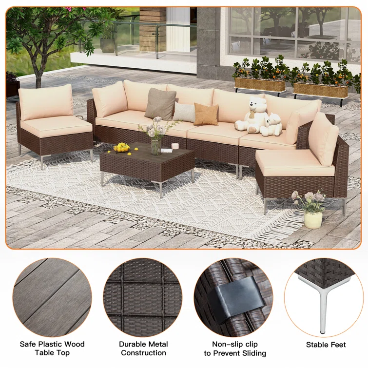 Quadrell 6 - Person Outdoor Wicker Patio Conversation Furniture Set with Optional Fire Pit Table