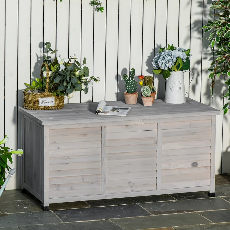 Outsunny 75 Gallon Water Resistant Fir Solid Wood Deck Box in Gray