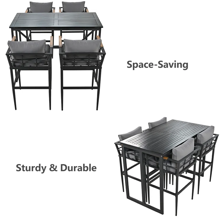 Zakis 5-Piece Outdoor Steel Dining Set with 4 Chairs, Patio Counter-height Bar Set, Cushions