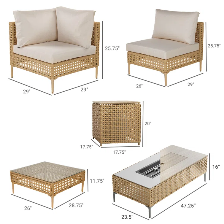 9-Piece Outdoor Furniture Sectional Seating Group for 6 Person with Fire Pit Table
