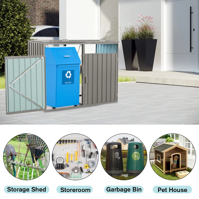Outdoor Trash Can Storage, Storage Shed For 2 Trash Cans And Tools,Waterproof Garbage Bin Shed
