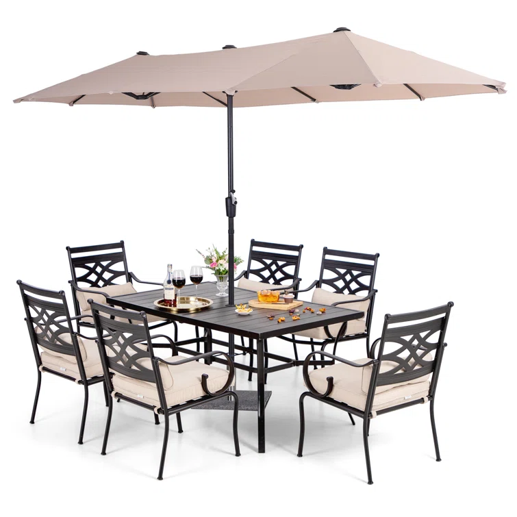 Aivo 6 - Person Rectangular Outdoor Patio Dining Set with Umbrella, Cushions & Pillows