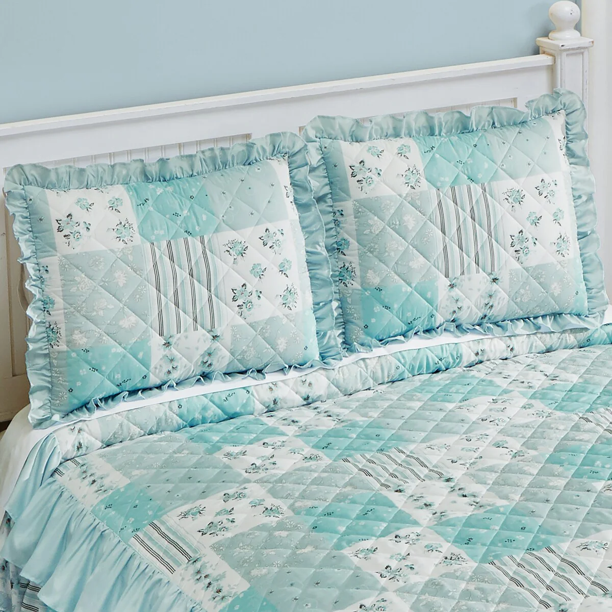 Clara Triple Ruffle Patchwork Seafoam Pillow Sham Cover