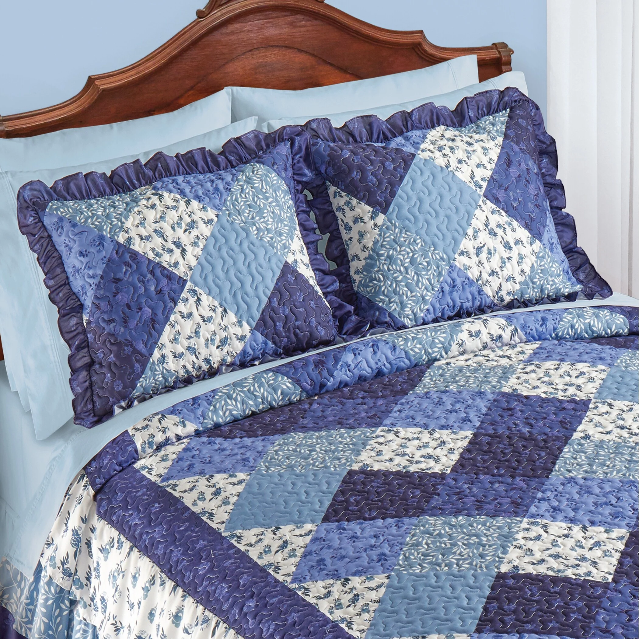 Ella Patchwork Ruffled Border Pillow Shams - Set of 2