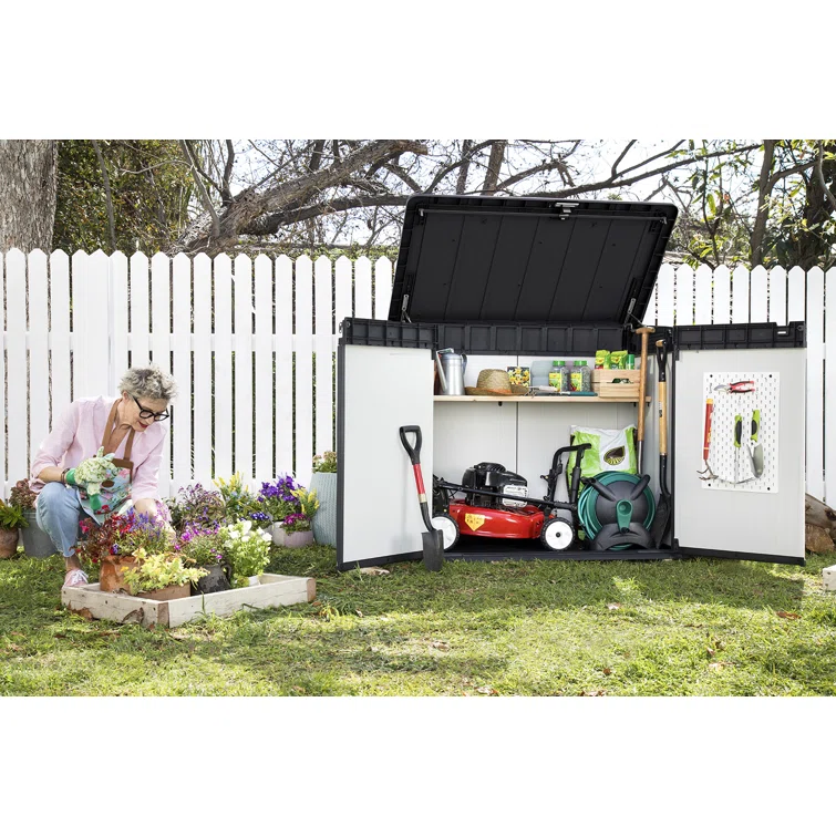 Keter Premier XL 4.6x4 ft. Horizontal Durable Resin Outdoor Storage Shed With Floor and Double Doors for Garden Patio Furniture and Tools, Grey
