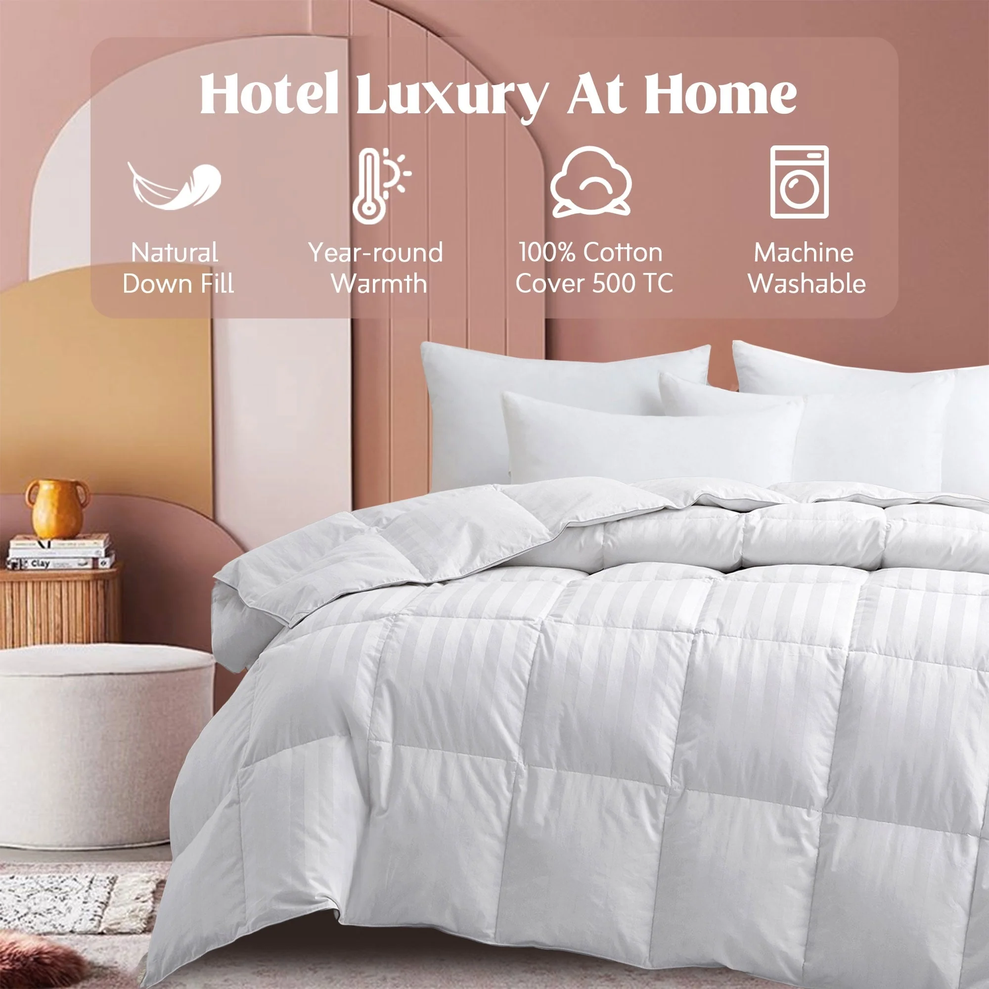 Hotel Luxury Year-round Down Duvet Comforter Solid & Stripe 500 TC Cotton Cover
