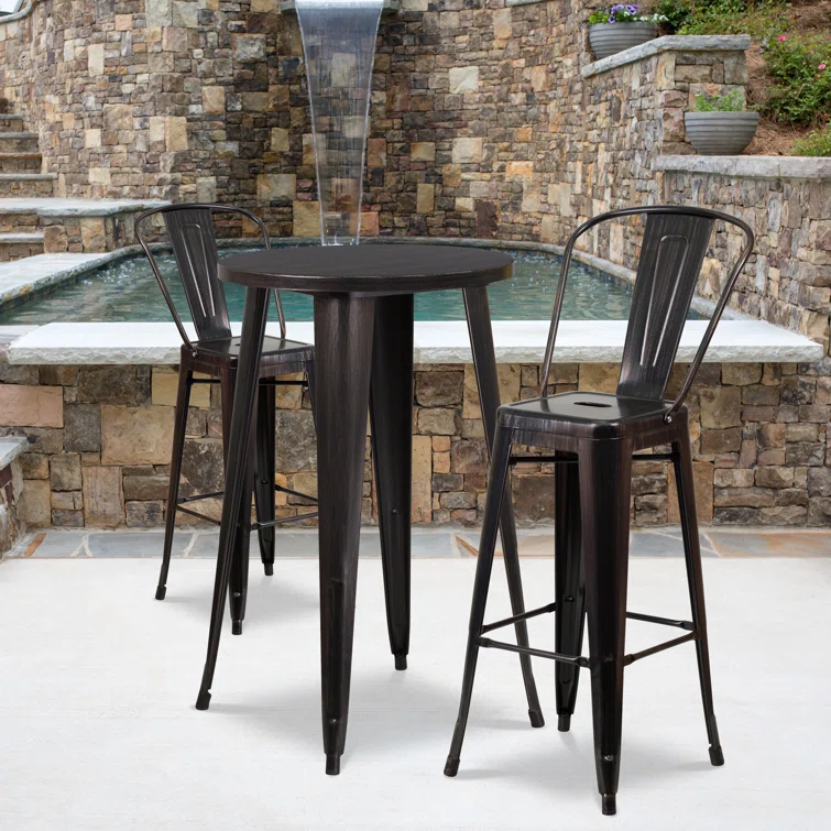 Genece 30'' Round Metal Indoor-Outdoor Bar Table Set with 2 Cafe Stools