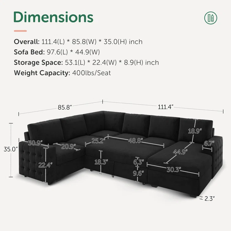 U-Shaped Sectional Sofa Bed Pull Out Sleeper Couch With Storage Chaise