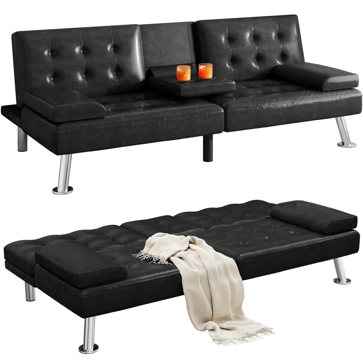 Moasis Faux Leather Futon Sofa Bed Modern Folding Futon Set - 64
