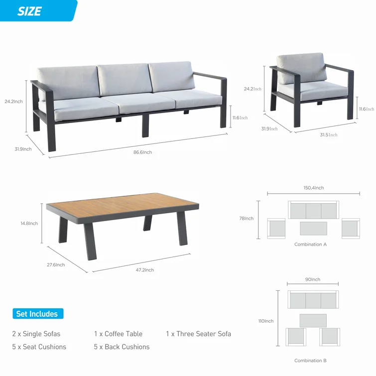 Nofi 5-Seater Outdoor Sofa Set With Cushions, Aluminum Frame