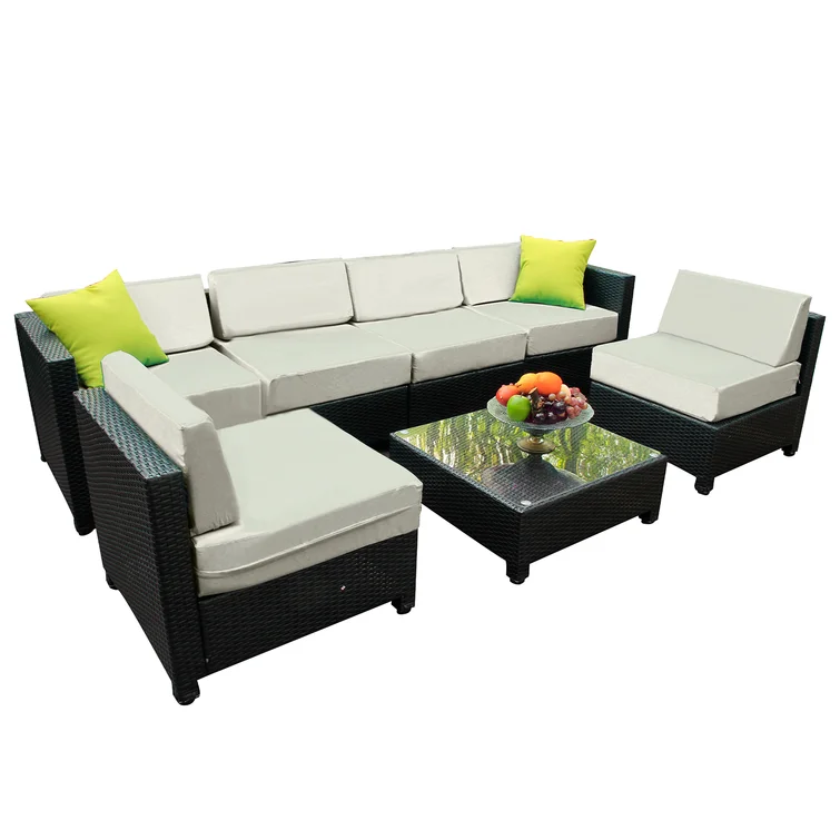 Lelusa 7 Piece Patio Wicker Outdoor Sectional Seating Group with Cushions Glass Coffee Table