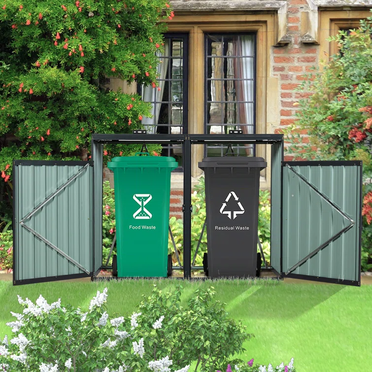 Metal Outdoor Garbage Bin Shed for 2 Trash Cans Black Stainless Galvanized Steel