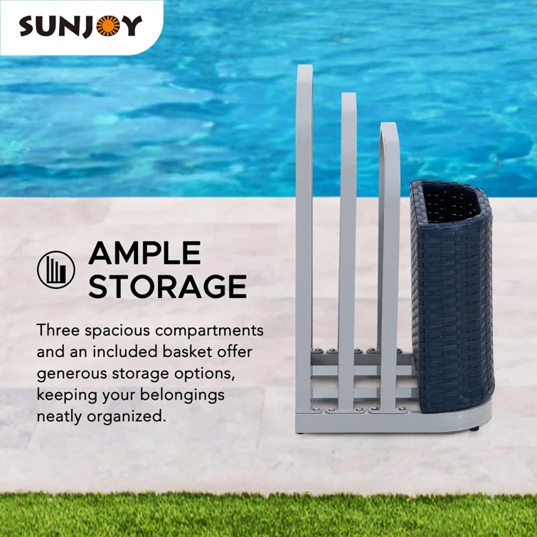 Sunjoy Rust-proof Aluminum Pool Float Storage Rack, 16 Inch Outdoor Wicker Poolside Float Organizer, Pool Float Caddy for Cushions, Floaties, Noodles, Pool Toys