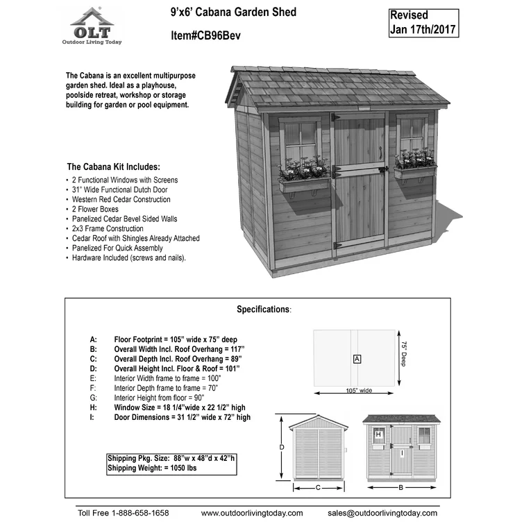 9 ft. W x 6 ft. D Cabana Cedar Wood Garden Shed