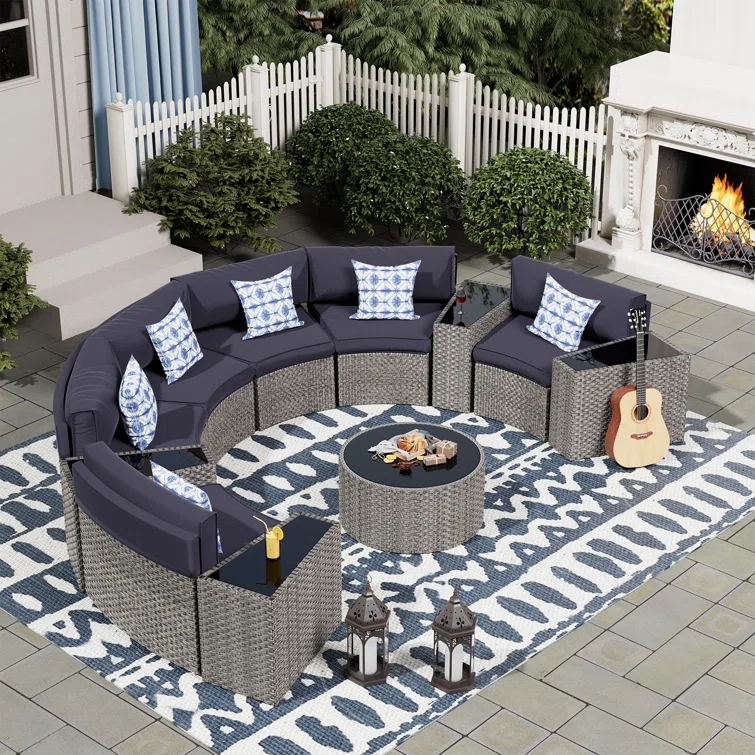Dartmore Half-Moon 6 - Person Fully Assembled Curved Patio Conversation Set With Fire Pit Table & Side Table