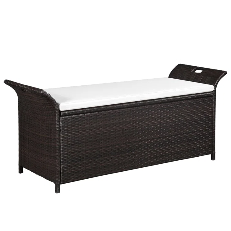Outdoor Storage Bench Patio Rattan Storage Box with Cushion Poly Rattan