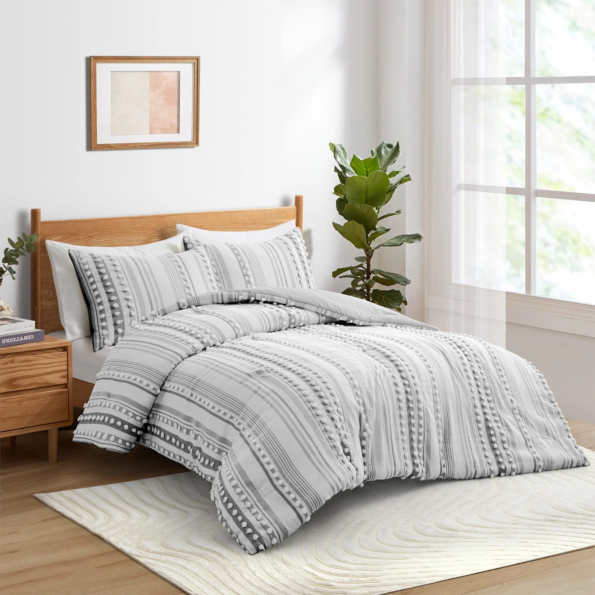 3 Pieces All-Season Striped Ball Pom Design Comforter Set Boho Bedding