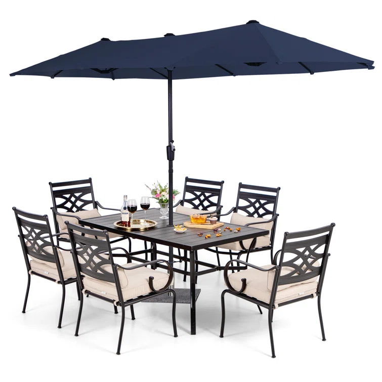 Aivo 6 - Person Rectangular Outdoor Patio Dining Set with Umbrella, Cushions & Pillows