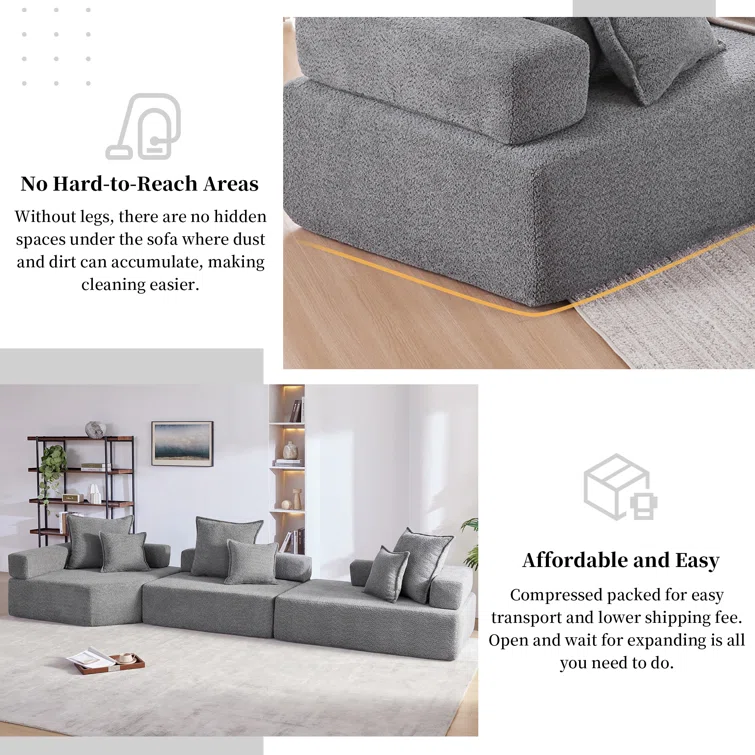 Oversized Modular Boucle Sectional Sofa, Convertible Sleeper Couch With No Assembly Required, Spacious Foam-filled Sofa Bed, 3-piece Customizable Living Room Set