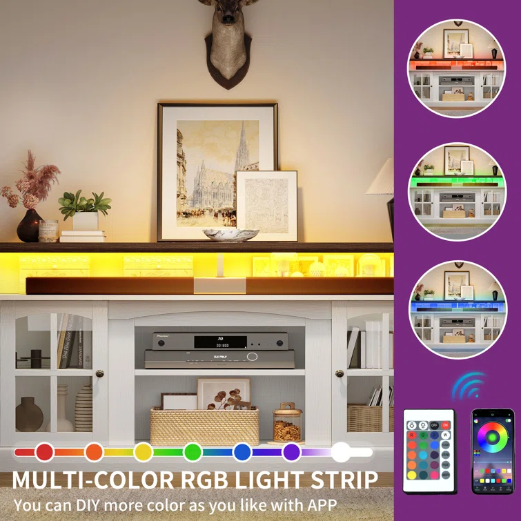 LED Farmhouse Media Entertainment Center Console Table TV Stand  w/Outlets  and Cabinet Glass Door