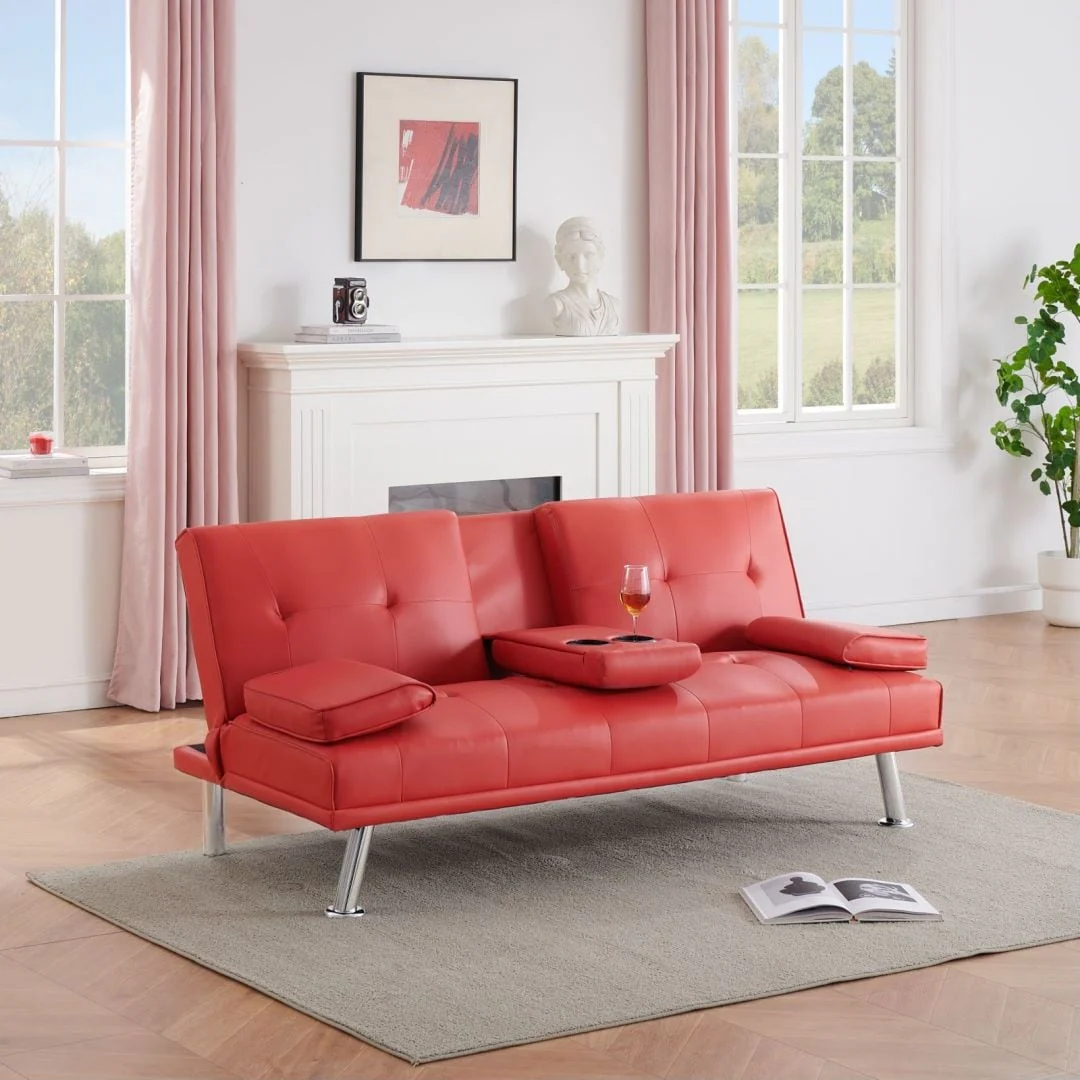 Leather Multifunctional Double Folding Sofa Bed for Office with Coffee Table