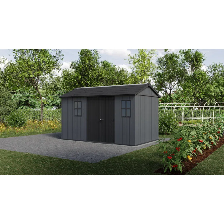 Keter Newton Plus Durable Resin Outdoor Storage Shed With Floor and Double Doors for Garden Patio Furniture and Tools, Graphite Grey (6 Available Sizes)