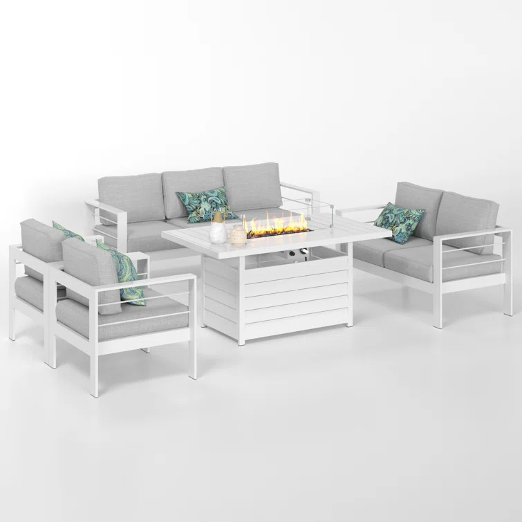 Brandtley 7 - Person Sofa Seating Group with Cushions and Fire Pit Table