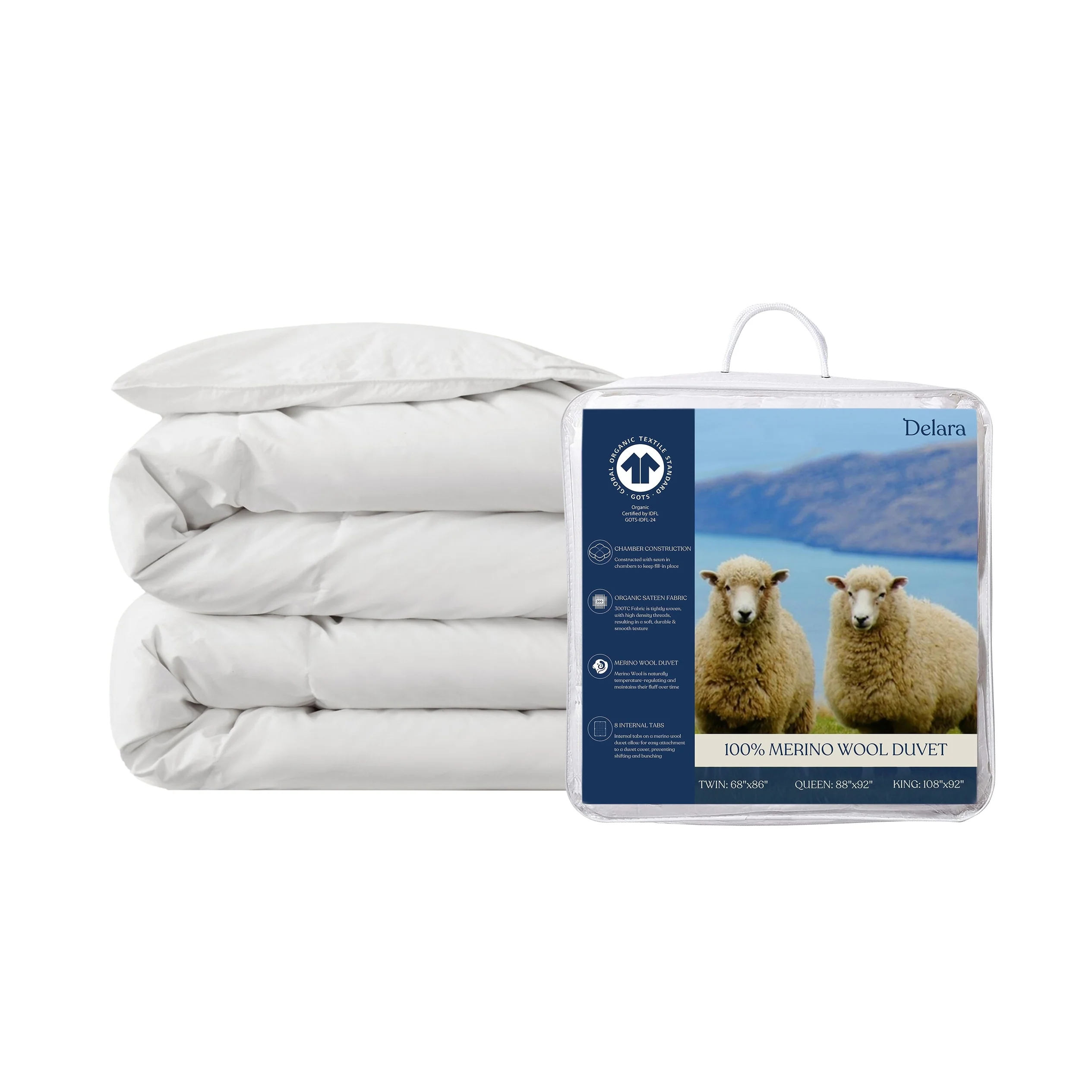 Delara Wool Duvet Insert 200GSM Summer/Spring GOTS Certified Organic Cotton Shell
