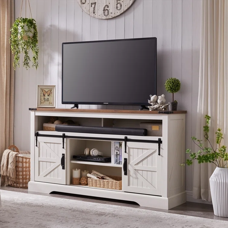 Lorraine Farmhouse TV Stand for 65+ Inch TV for Living Room, with Sliding Barn Door