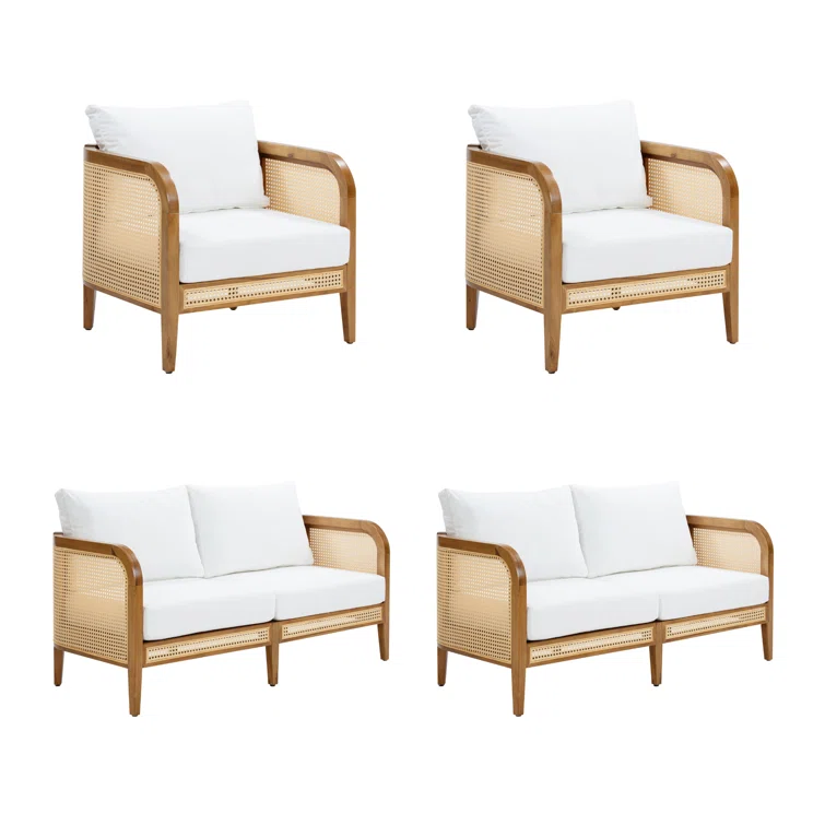 4-Piece Conversation Patio Set, Bohemian Wooden Outdoor Loveseat And Chairs With Cushions