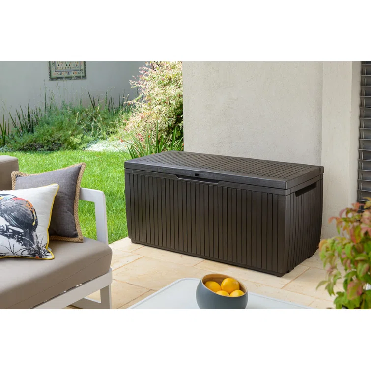 Keter Springwood 80 Gallon Durable Resin Outdoor Storage and Organization Deck Box For Patio Furniture and Supplies, Brown