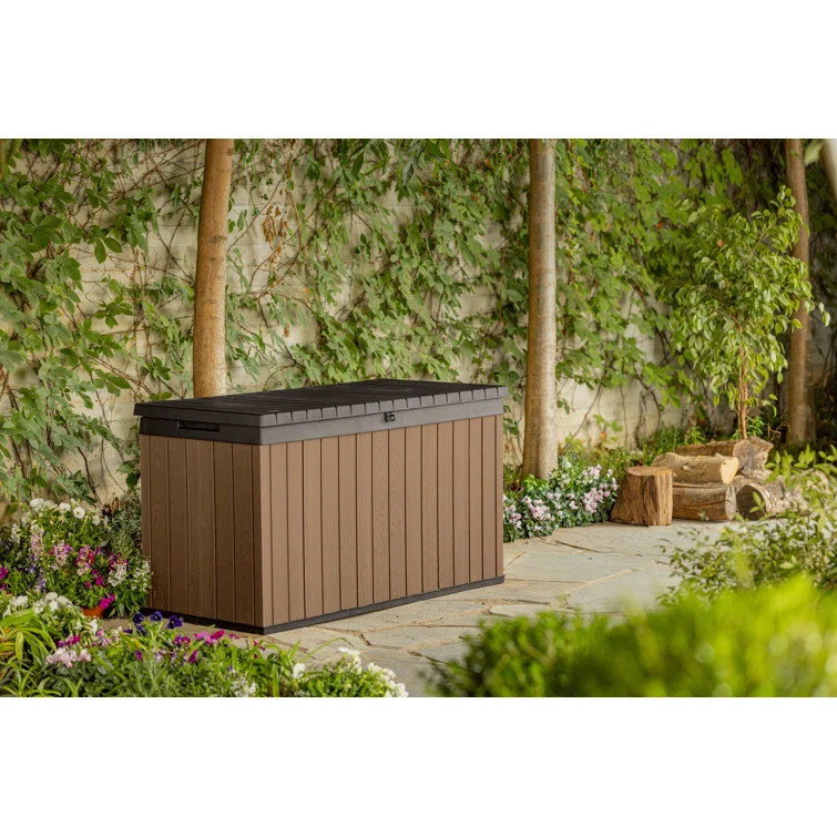 Keter Darwin 150 Gallon Durable Resin Outdoor Storage and Organization Deck Box Ideal For Garden Patio Furniture and Supplies, Brown