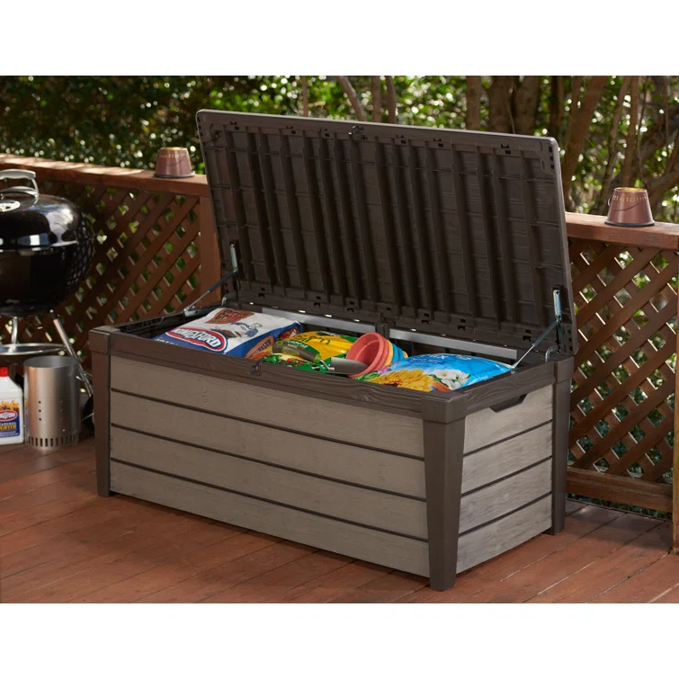 Keter Brushwood 120 Gallon Durable Resin Outdoor Storage and Organization Deck Box For Patio Furniture and Supplies, Brown