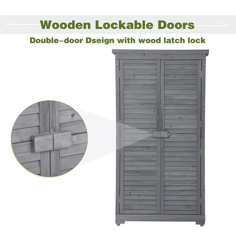 3-Tier Shelves Patio Wooden Garden Shed, Outdoor Storage Cabinet, Tool Shed with Lockable Doors