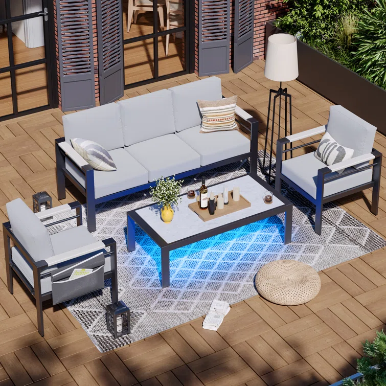 Nell Aluminum 5 - Person Seating Group with Cushions and LED Coffee Table