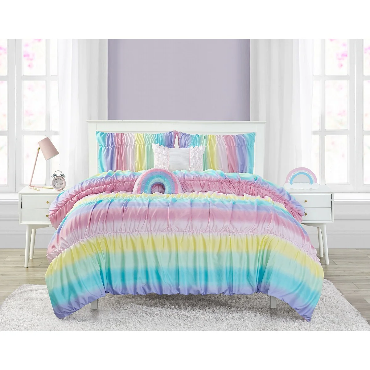 Rainbow Ruched Ultra Soft Microfiber Comforter Set with Rainbow Shaped Pillow & Ruffle Pillow