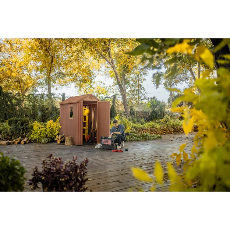 Keter Darwin 4x6 ft. Durable Resin Outdoor Storage Shed With Floor and Double Doors for Garden Patio Furniture and Tools, Brown