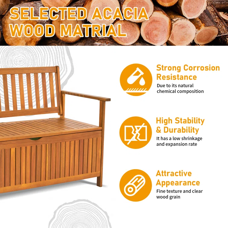 Winado 43 Gallons Acacia Solid Wood Storage Box Bench with Cushion